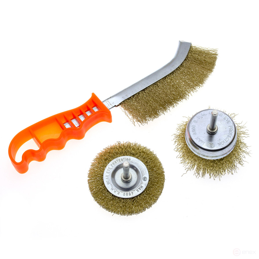 Кордщетка для дрели, набор 3 шт. - ручная 250мм, 75мм радиальная, 75мм чашка, ЧЕГЛОК (48)