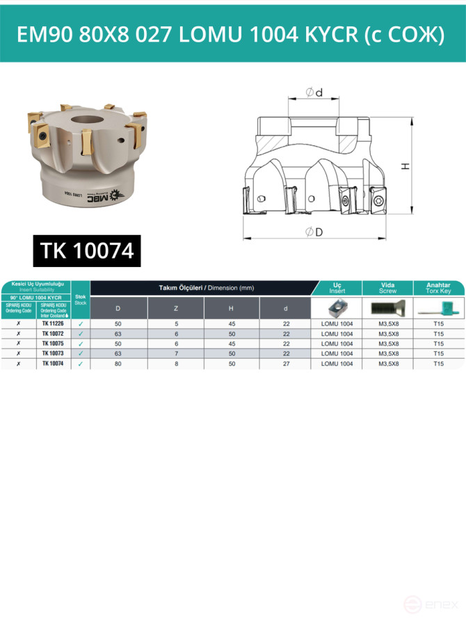 80 mm end milling cutter, 27 mm fit, 8 teeth EM90 80X8 027 LOMU 1004 KYCR (with coolant) for KYOCERA plate