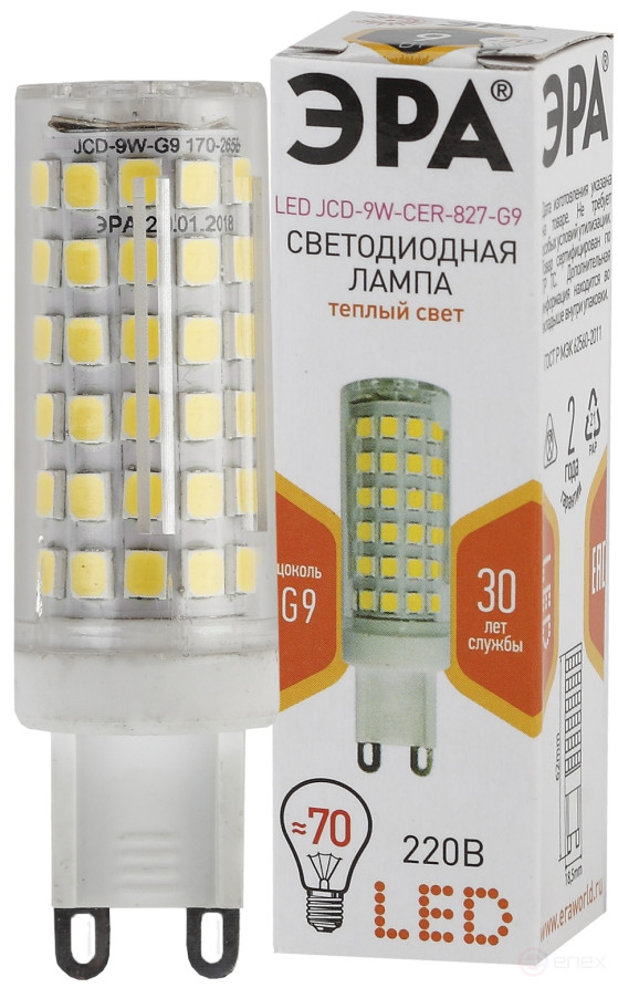 Лампа светодиодная ЭРА STD LED JCD-9W-CER-827-G9 9Вт керамика капсула теплый белый свет G9