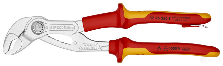 KNIPEX COBRA® клещи переставные с фиксатором, VDE, 50 мм (2"), под ключ 46 мм, L-250 мм,., хром, 2-к ручки, страх. крепл.