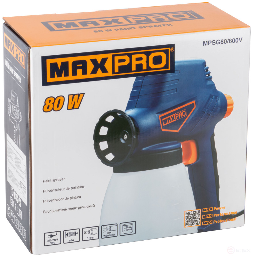 MAX-PRO Electric Spray gun 80 W; 0.8 mm; 800 ml; 30 din/sec; 280 ml/min; 1.1 kg; box