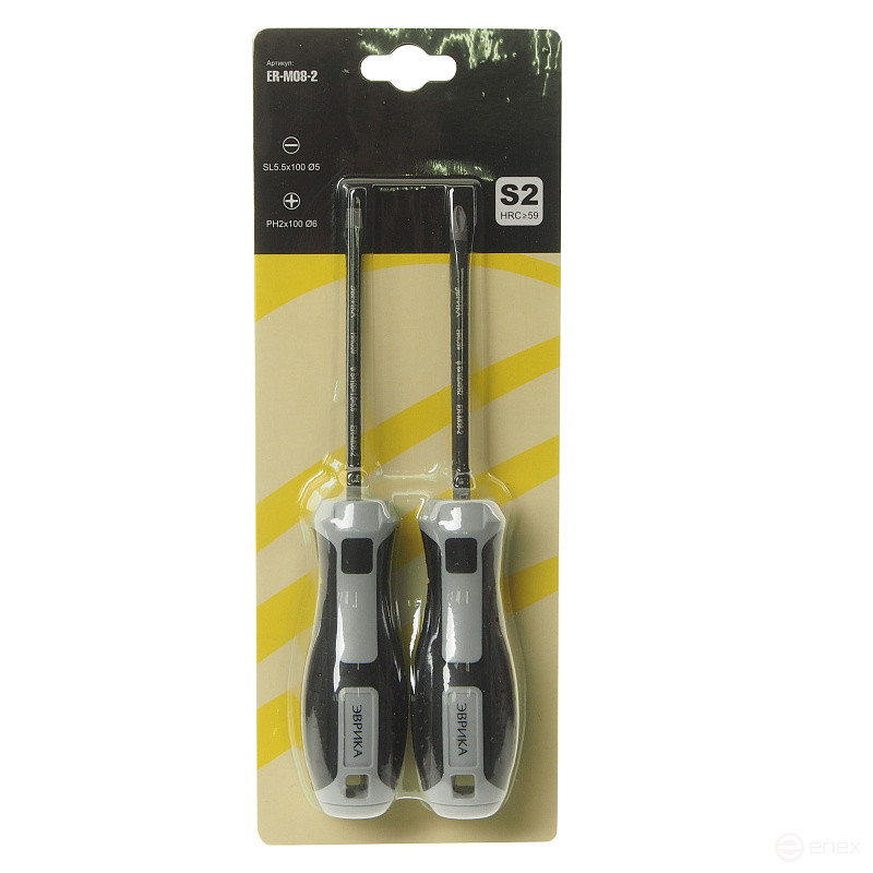 Набор отверток ER-M08-2 SL5.5x100 Ø5, PH2x100 Ø6, стержень S2, 2 предмета в блистере HRC≥59 ЭВРИКА /1/72 NEW