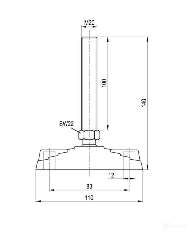 Регулируемая опора M16x100 до 50 кг (под крепёж) Алтервиа A00022.1108016100