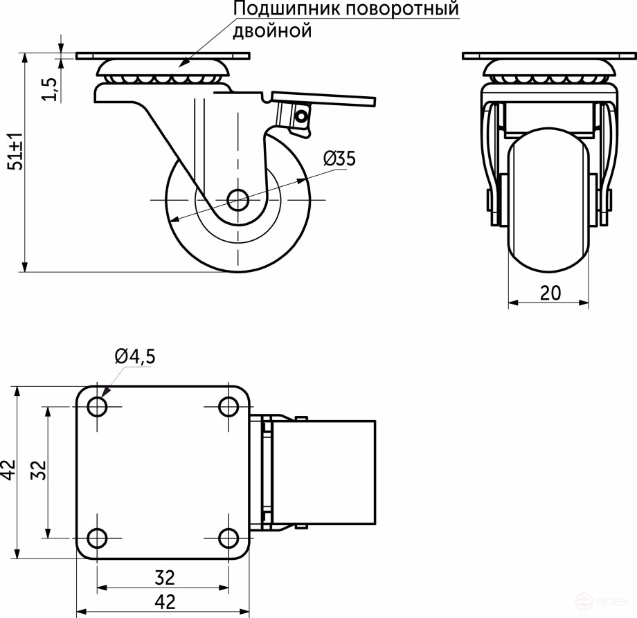 Wheel meb. CRYSTAL/2 d35 h51 with a platform with a torm., black AKS