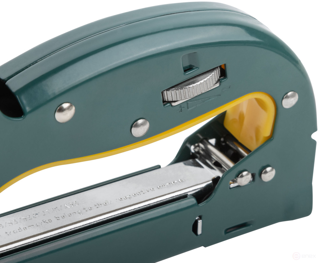 Stapler for narrow staples "type 53", 4-14 mm, impact force adjustment, spring mechanism, metal housing