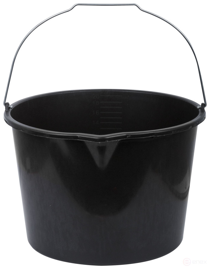 Plastic construction bucket for mixing mortar with a 20 l spout