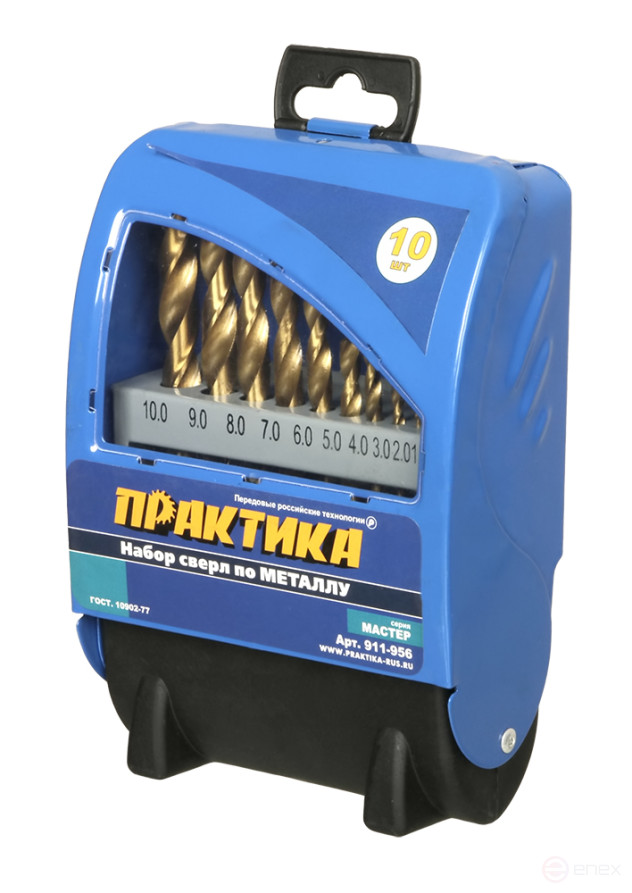 Metal drill set PRAKTIKA "Master", 10 pieces, 1 - 10 mm in a metal cassette (911-956)