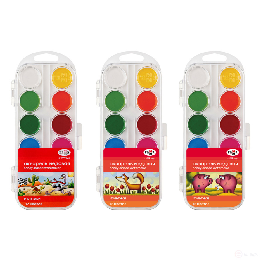 Watercolor Gamma "Cartoons" NEW, honey, 12 colors, without brush, plastic. package, European weight