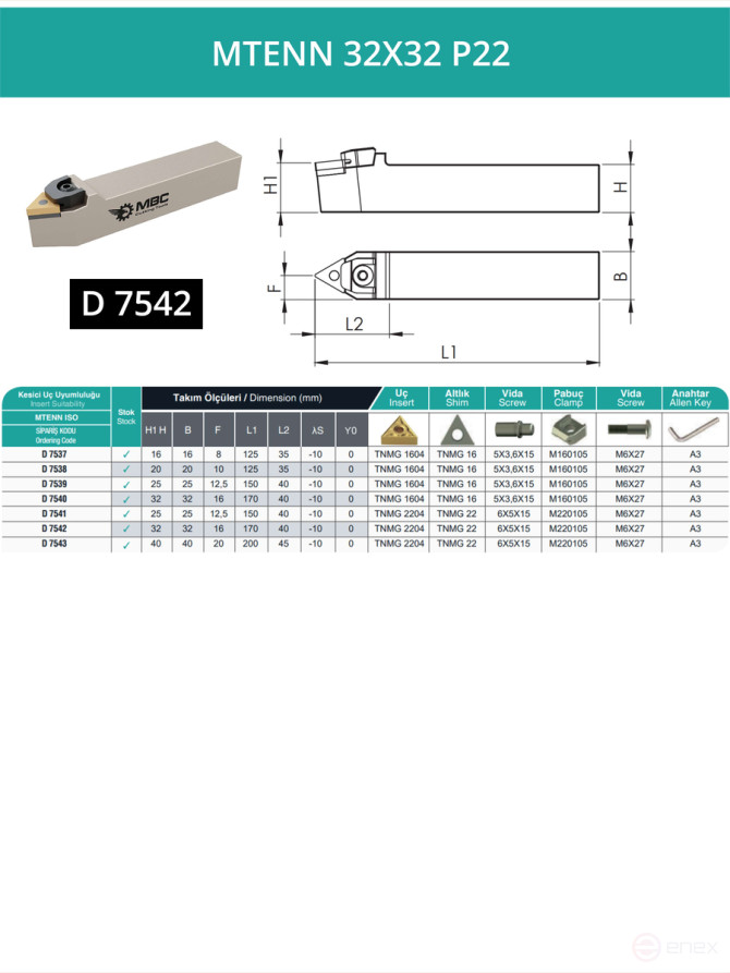 MTENN 32X32 P22 neutral turning tool 32x32 mm / 22 mm plate, TNMG 2204**