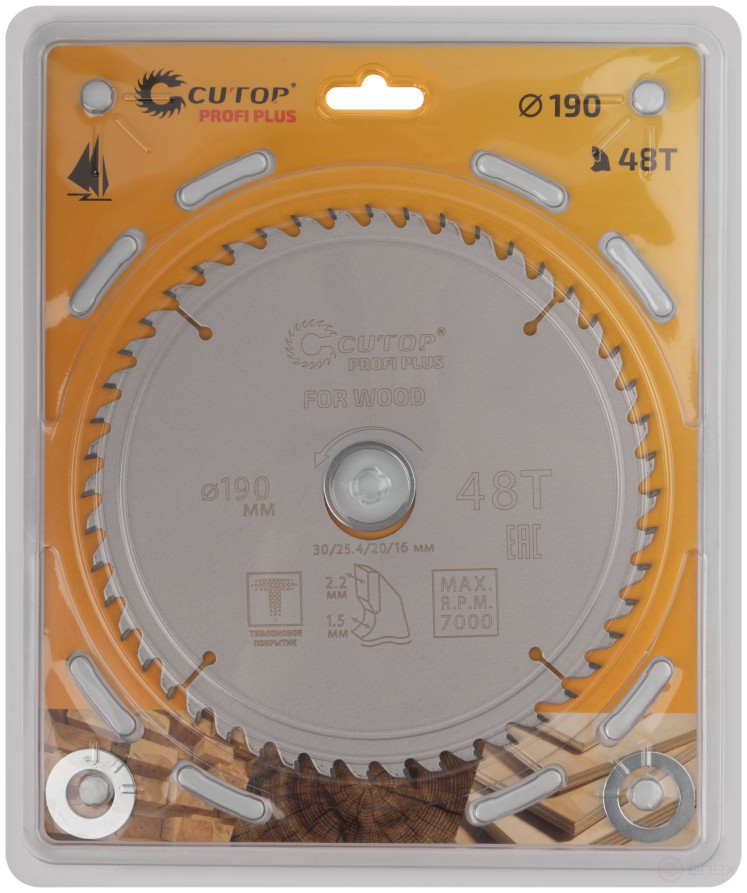 Диск пильный по дереву с тефлоновым покрытием 48Т, CUTOP Profi plus, 190 х 1,5/2,2 х 30/25,4/20/16 мм