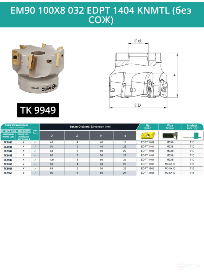 100 mm end milling cutter, 32 mm fit, 8 teeth EM90 100X8 032 EDPT 1404 KNMTL (without coolant) for KENNAMETAL plate