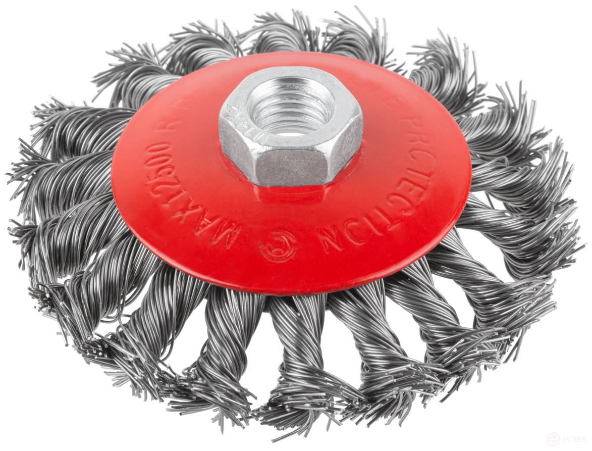 Корщетка-колесо с наклоном, гайка М14, стальная витая проволока 100 мм