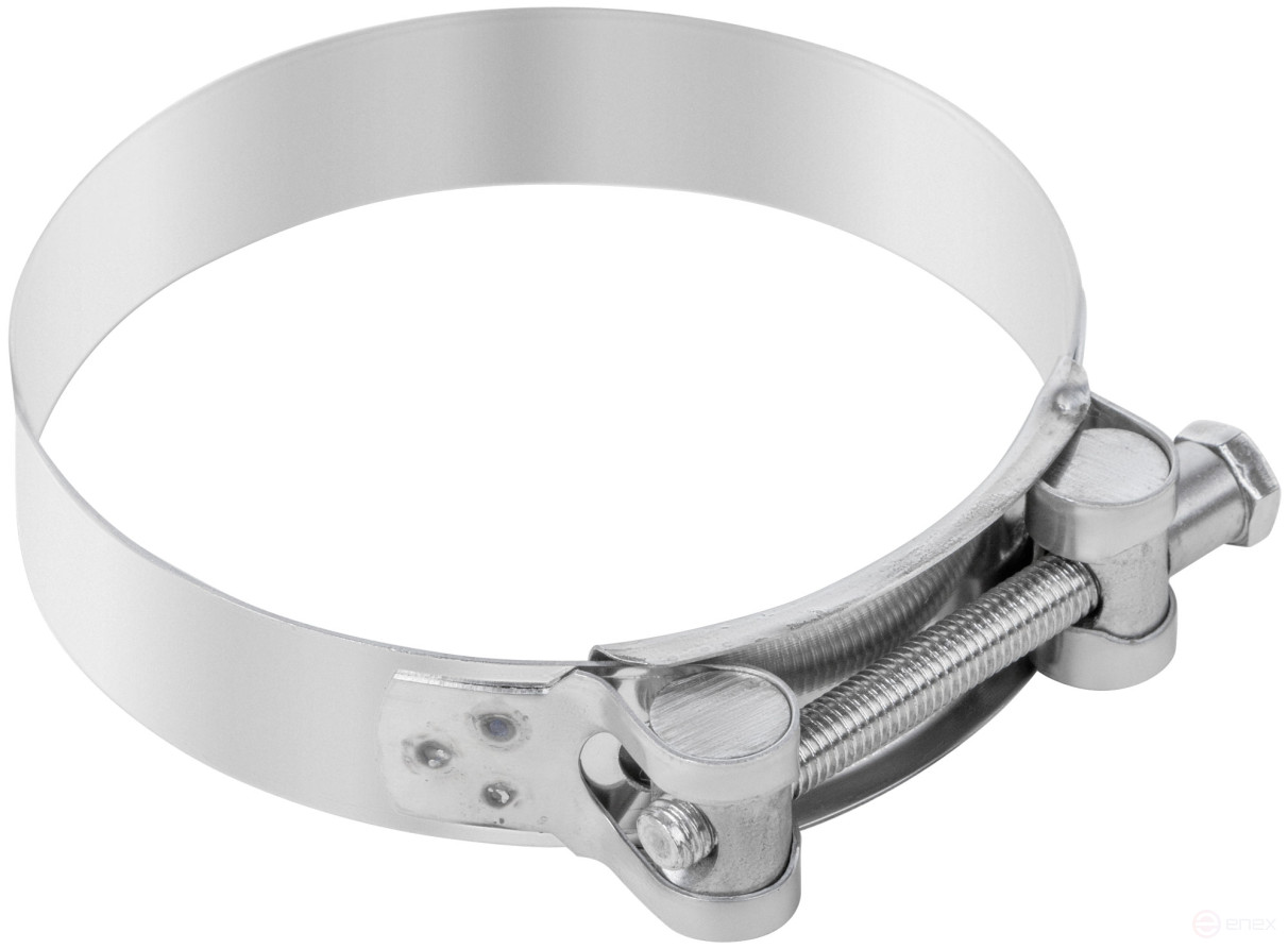 The clamp is a crimping power hinge, stainless steel.steel 104-112 mm