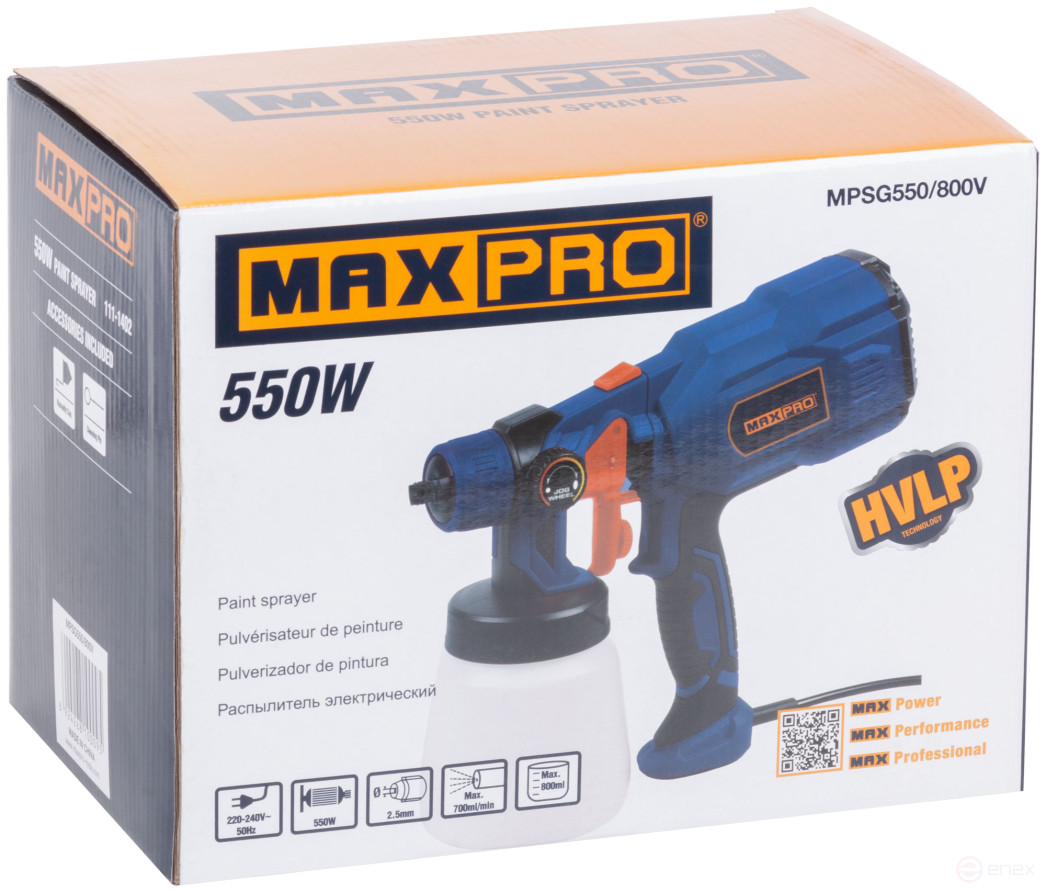 MAX-PRO Electric Sprayer 550 W; 2.5mm; 800 ml; 60 din/sec; 700 ml/min; 1.3 kg; HVLP; box
