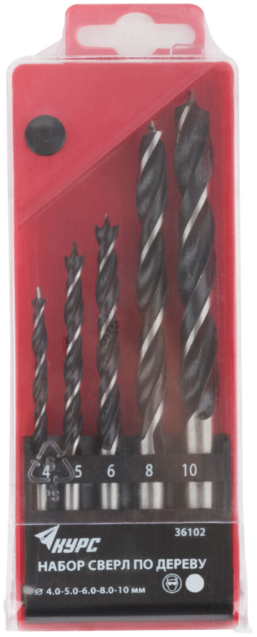 Set of wood drills, plastic box, 5 pcs.(4-5-6-8-10 mm)