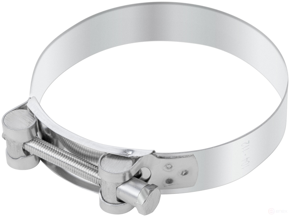 The clamp is a crimping power hinge, stainless steel.steel 104-112 mm