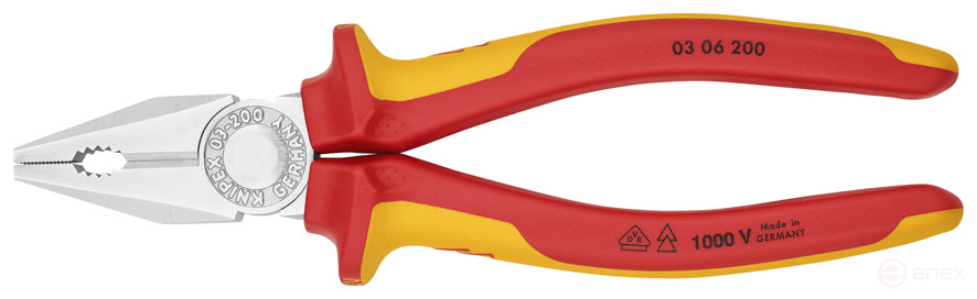 Плоскогубцы комб. VDE, рез: провол. ср. Ø 3.8 мм, твёрд. Ø 2.5 мм, кабель Ø 13 мм (16 мм²), L-200 мм, хром, 2-к ручки