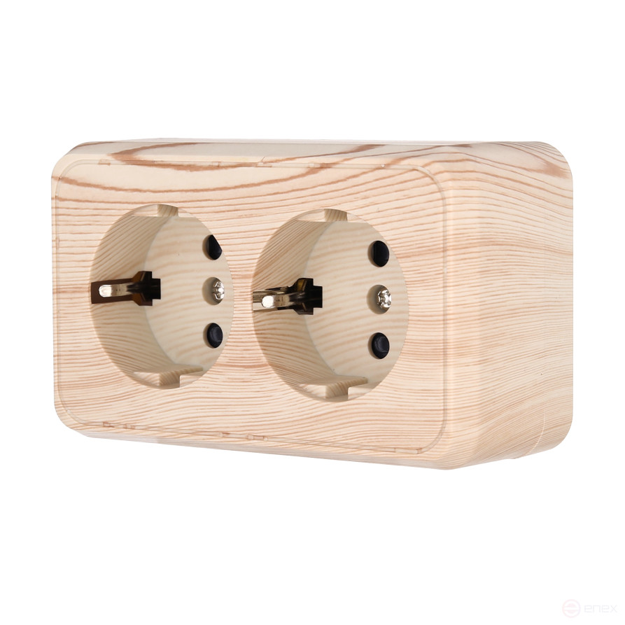 Double socket for open installation with grounding contacts and protective shutters (pine), Standard