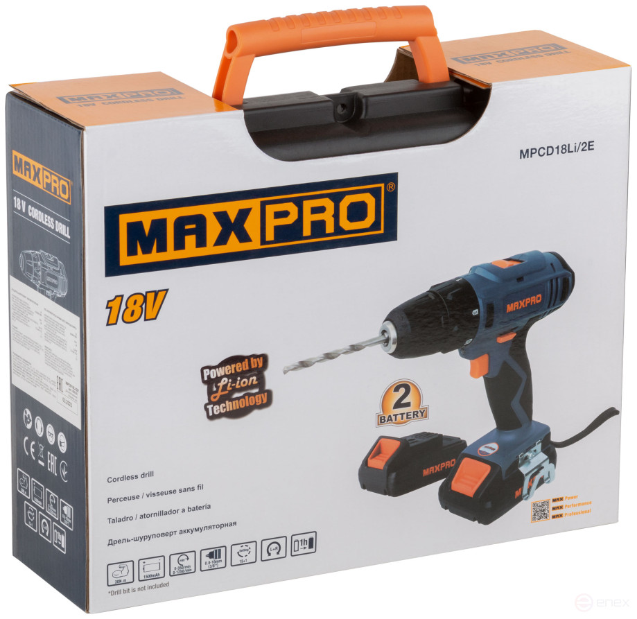 MAX-PRO Дрель-Шуруповерт аккумуляторная 18 В; 0-350/0-1250 об/мин; 10 мм; 30 Нм; 2 батареи (Li-Ion) х1,5 Ач; 15+1; 1 ч.; регулировка оборотов; резинов