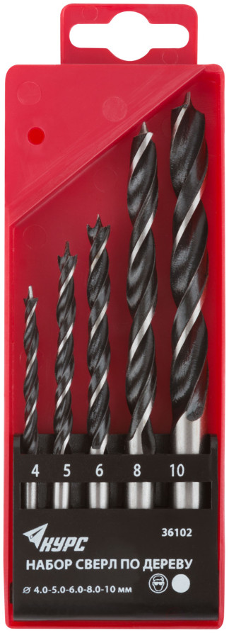 Set of wood drills, plastic box, 5 pcs.(4-5-6-8-10 mm)