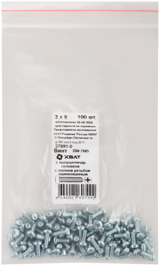 A semi-cylindrical screw. a head with a full thread of pins. DIN 7985 3x8 (packing 100 pcs)