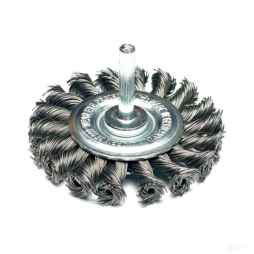 Щетка дисковая жгутовая, Д75*12 мм, хвостовик 6 мм, 18 жгутов, стальная гофрированная проволока STH 0,50 мм, в блистерной упаковке