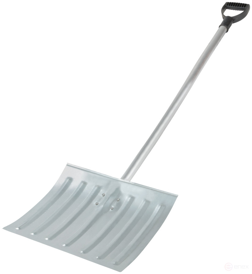 Sidewalk steel snow shovel, curved aluminum handle 428x375x1300 mm