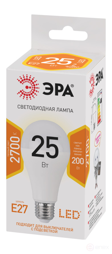 Лампа светодиодная ЭРА STD LED A65-25W-827-E27 25Вт груша теплый белый свет Е27