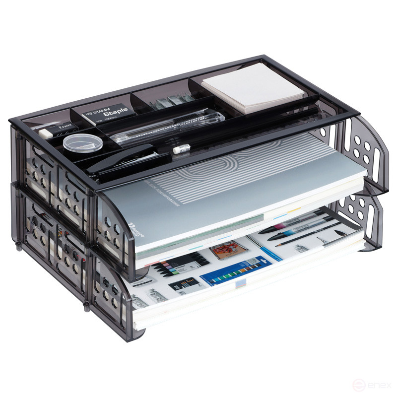 Paper tray horizontal STAMP "Field", set of 2 pcs. + organizer, tinted grey