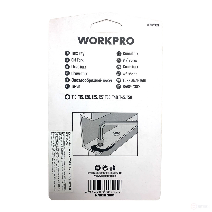 6-sided TORX 9pcs Keys in the WP222009 WORKPRO holder