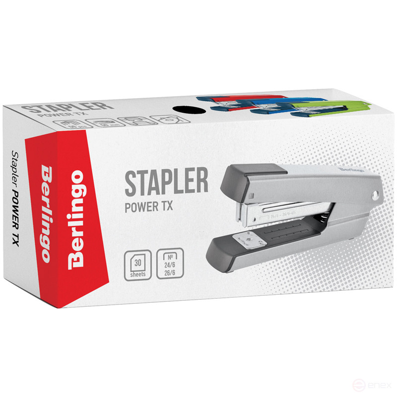 Степлер №24/6, 26/6 Berlingo "Power TX" до 30 л., металлический корпус, черный