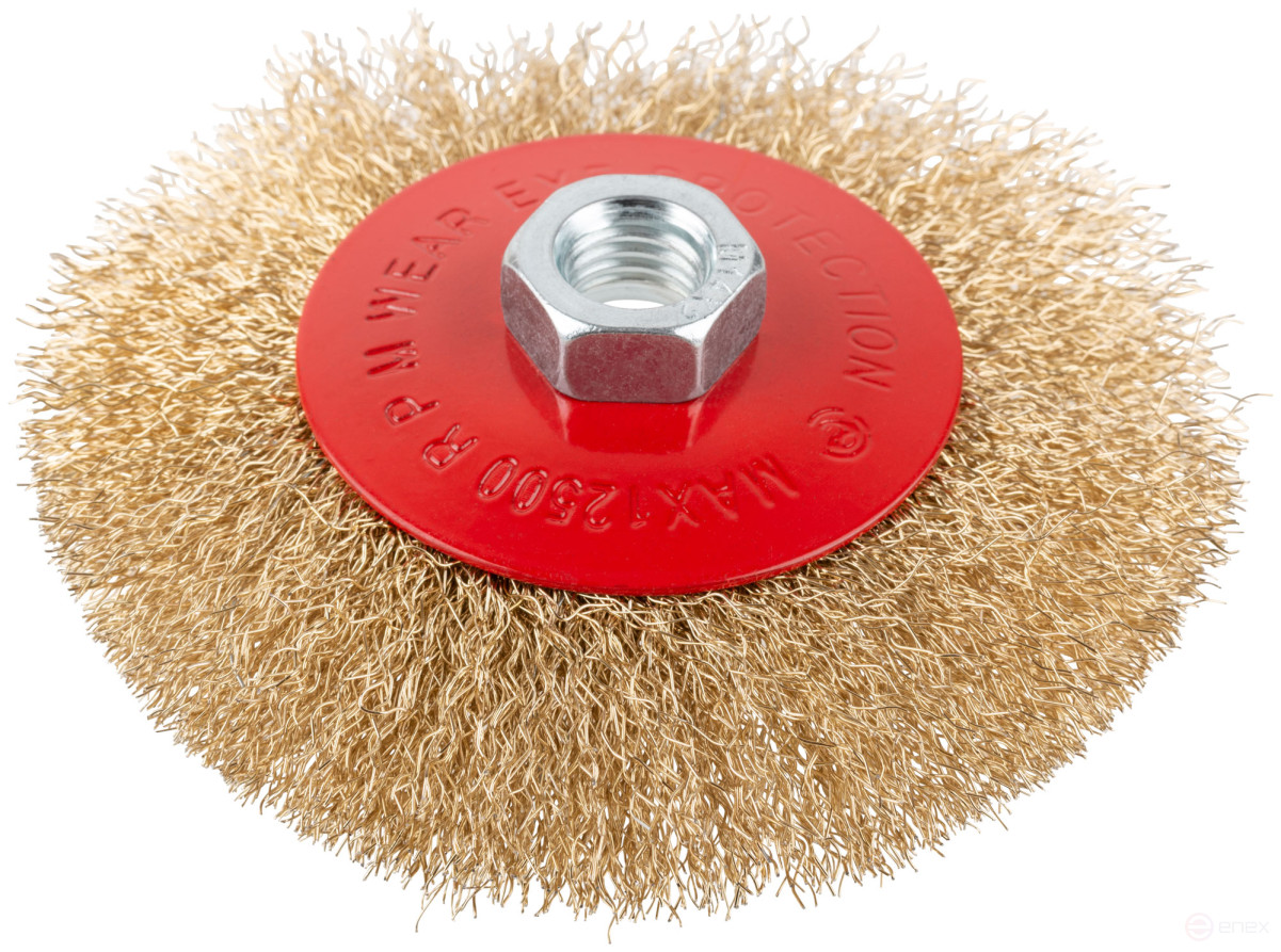 Корщетка-колесо с наклоном, гайка М14, стальная латунированная волнистая проволока 115 мм, блистер