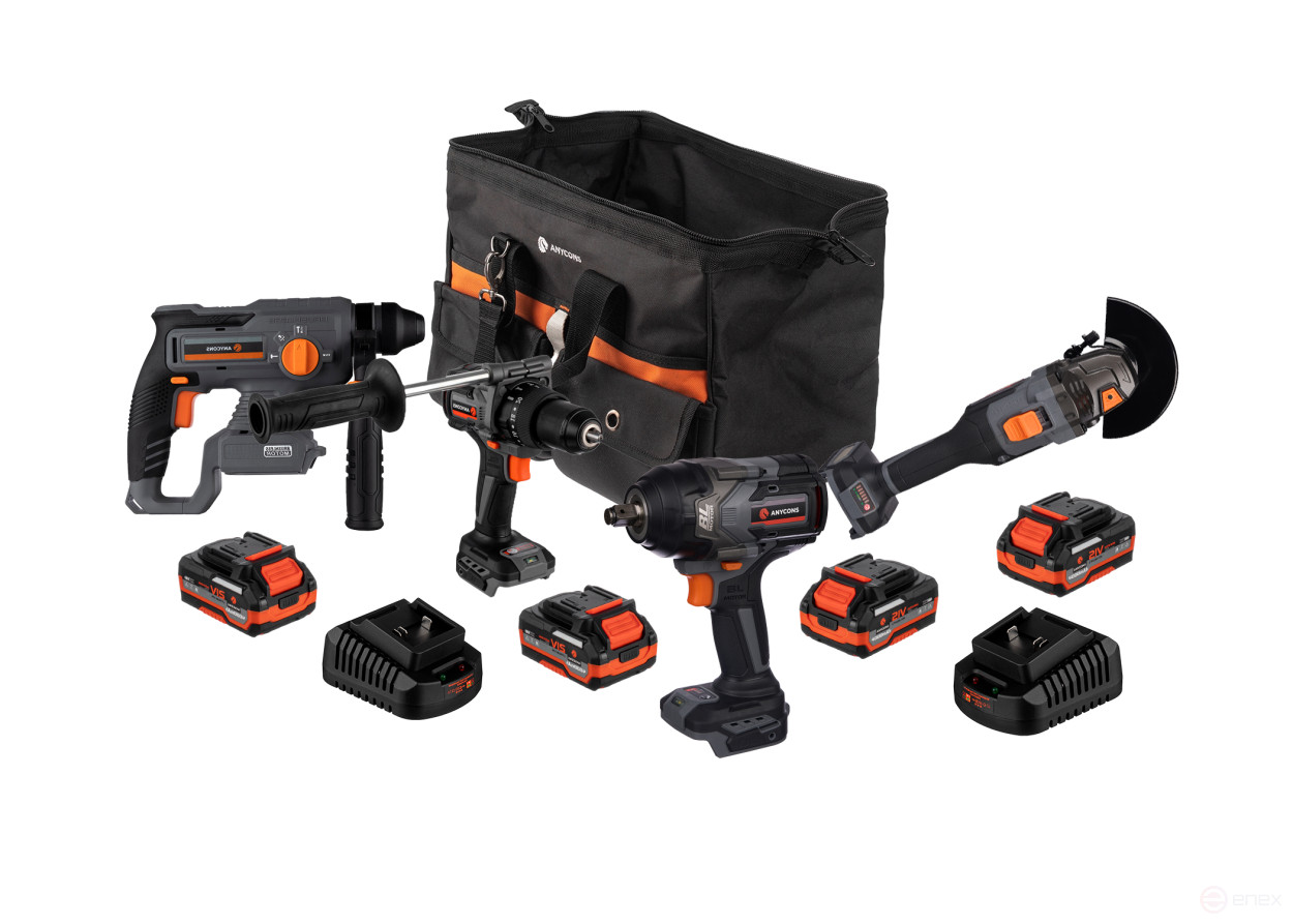 A set of 4 tools (impact drill-screwdriver 150 NM, wrench 850 NM, USM, hammer drill) Anycons AC-ST408