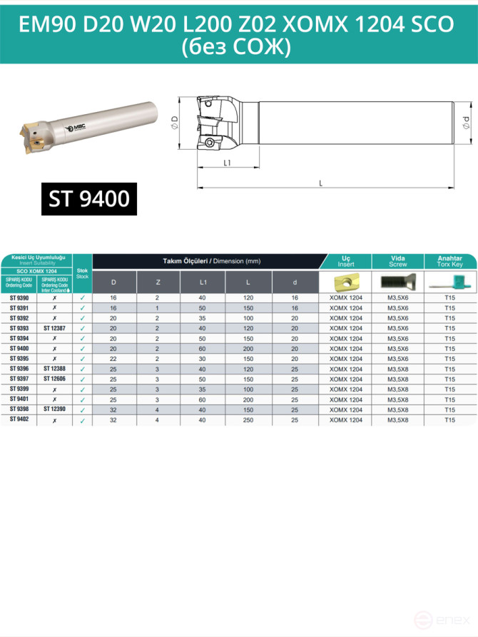 Body end mill 20 mm, 2 teeth, L 200 mm / EM90 D20 W20 L200 Z02 XOMX 1204 SCO (without coolant)