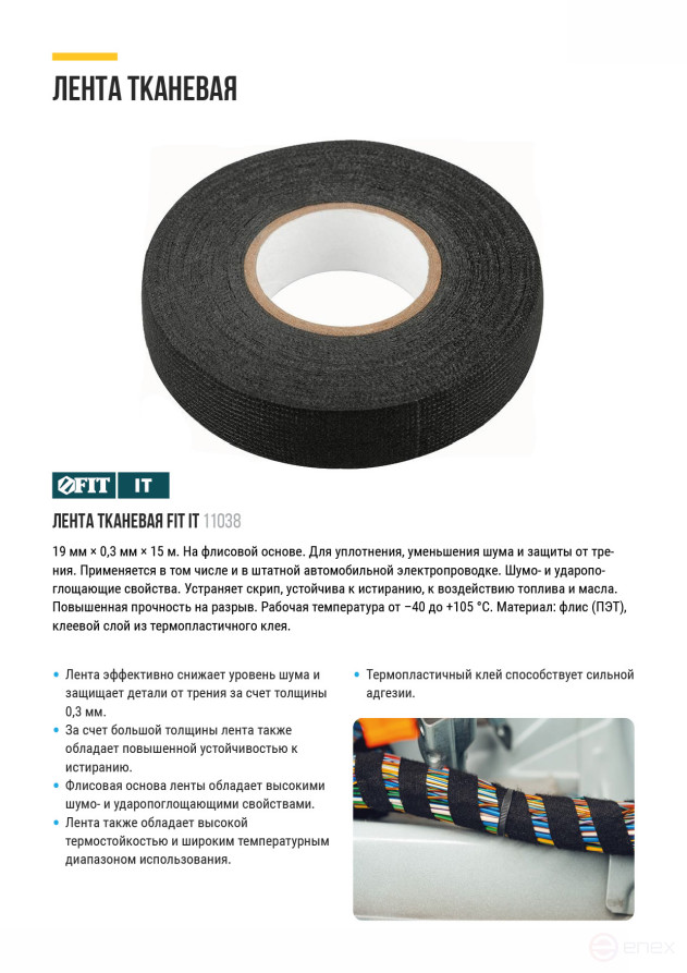 Лента тканевая на флисовой основе (ПЭТ) 19 мм х 0,3 мм х 15 м (черная)