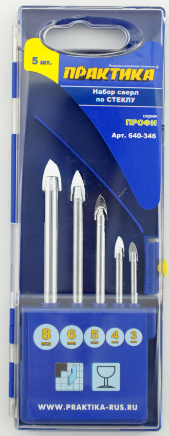 Набор сверл по стеклу и керамике ПРАКТИКА "Профи", 5 шт, 3, 4, 5, 6, 8 мм, ПРО кассета (640-346)
