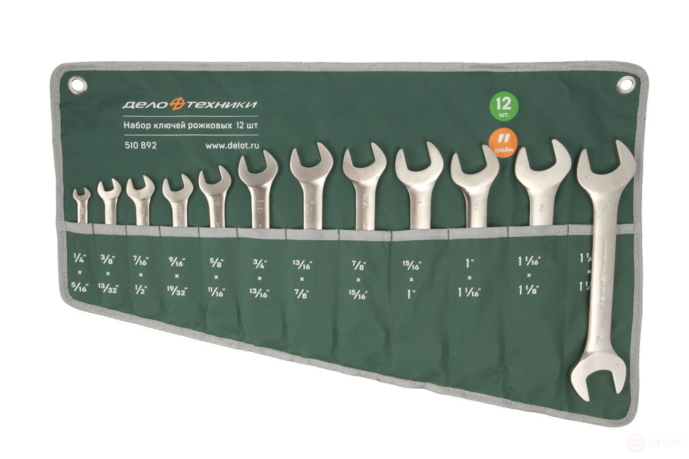 Набор ключей рожковых дюймовых, 12 шт. (1/4×5/16, 3/8×13/32, 7/16×1/2, 9/16×19/32, 5/8×11/16, 3/4×13/16, 13/16×7/8, 7/8×15/16, 15/16×1, 1×1-1