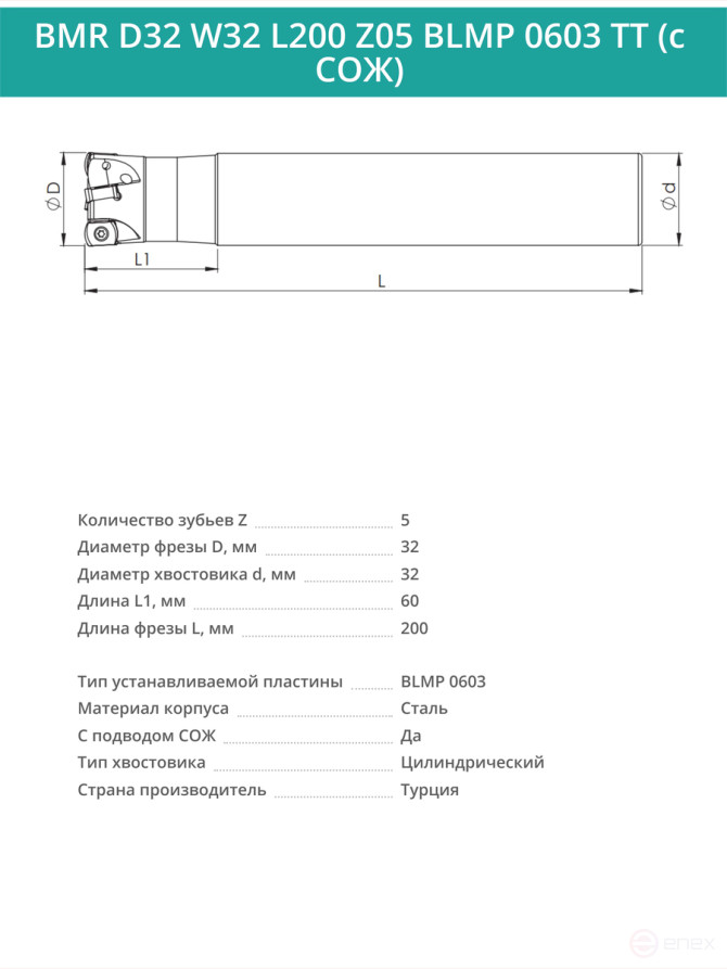 Концевая фреза корпусная 32 мм, 5 зубьев, L 200 мм / BMR D32 W32 L200 Z05 BLMP 0603 TT (с СОЖ)