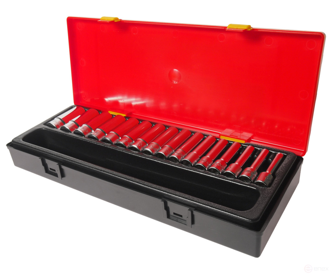 A set of 3/8" 6-sided 6-22mm deep 16-piece end heads in a JTC case