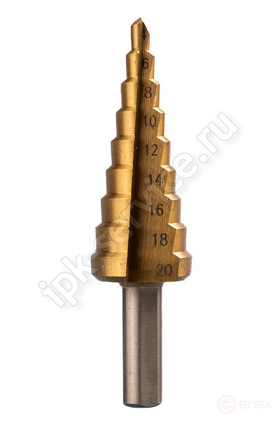 Сверло ступенчатое ф4-20 мм, шаг 2 мм TIN (Подвес/Блистер ИПК)