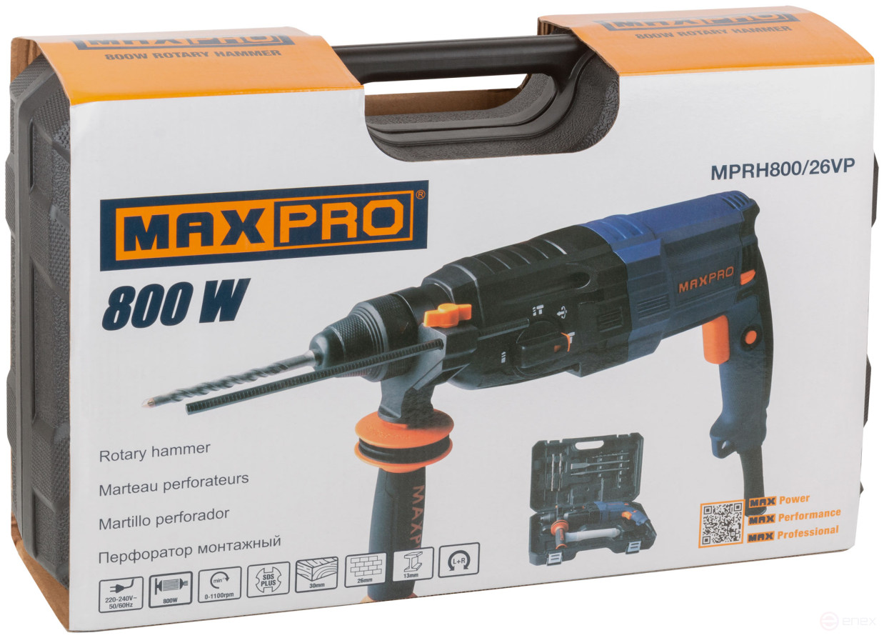 MAX-PRO Rotary hammer mounting 800 W; 0-1100 rpm; 2.8 J; 3 modes; L/W/M-30/26/13; 3.4 kg; SDS-PLUS; anti-vibration handle; rubber inserts; cut