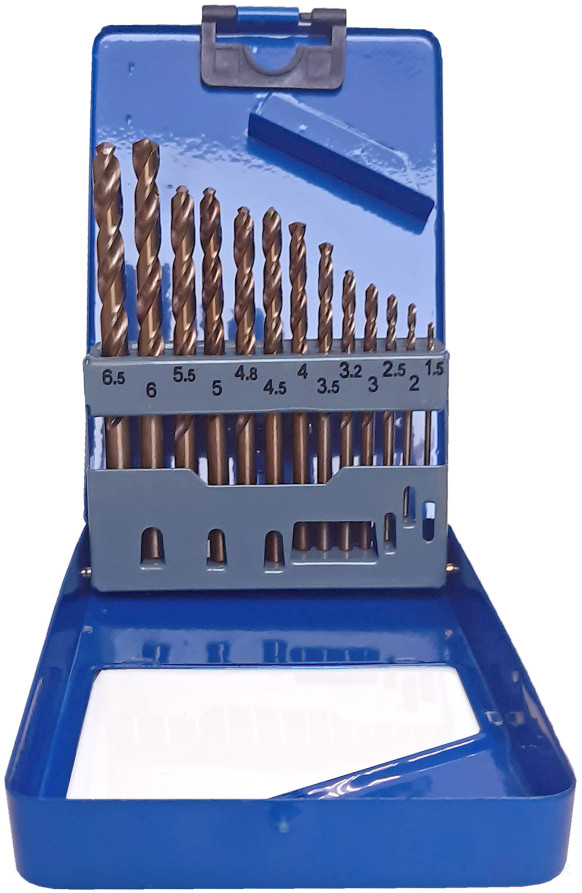 Набор сверл по металлу с кобальтом 5% в металлической коробке; 1,5-6,5 мм (через 0,5 мм + 3,2 мм; 4,8 мм), 13 шт., Cutop Profi