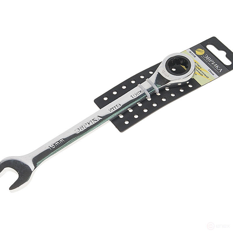 Ключ комбинированный 15мм ER-21115H трещоточный (на держателе) ЭВРИКА /1/10/120