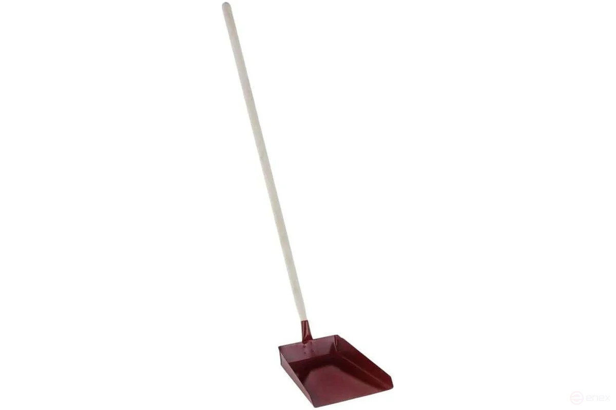 Metal household dustpan with long vertical wooden handle (powder coating)