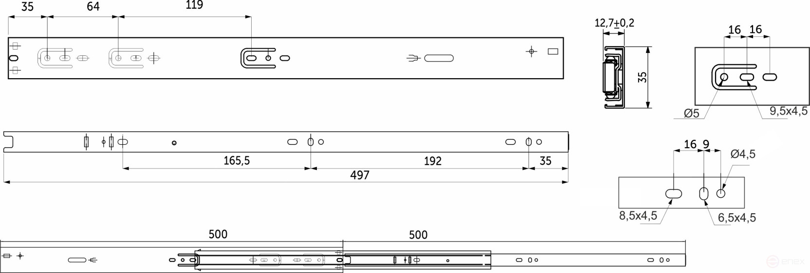 Направляющая шариковая L-500 h=35 AKS PLUS SOFT CLOSE