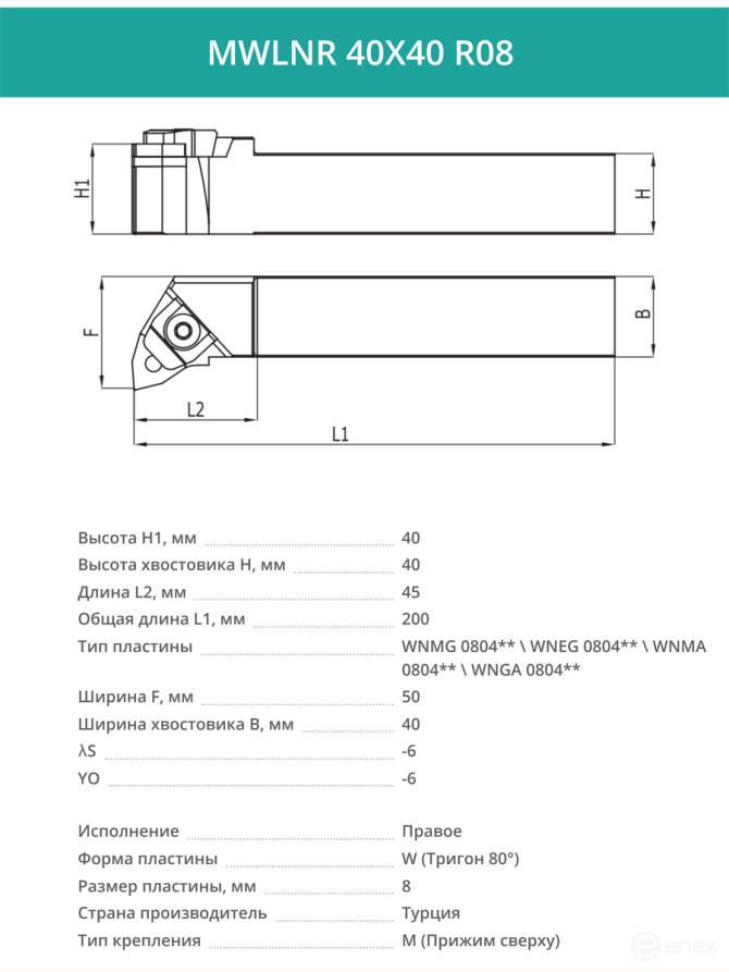 MWLNR 40X40 R08 резец токарный проходной правый 40x40 мм / пластина 8 мм, WNMG 0804**