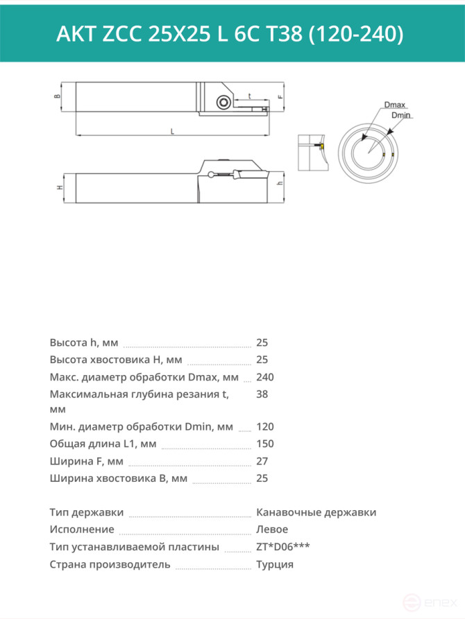 AKT ZCC 25X25 L 6C T38 (120-240) резец токарный левый для торцевых канавок 25x25 мм / пластина ZT*D06***