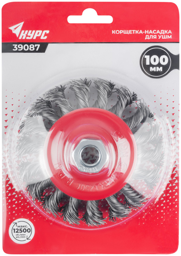 Корщетка-колесо с наклоном, гайка М14, стальная витая проволока 100 мм, блистер