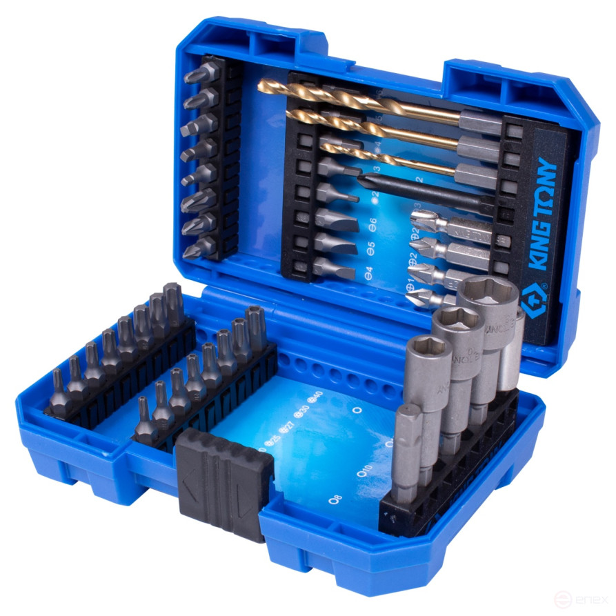 1/4" Set of inserts (bits), PH, PZ, Hex, Torx, Slotted, Square, Drills, 45 pieces KING TONY 1045MR