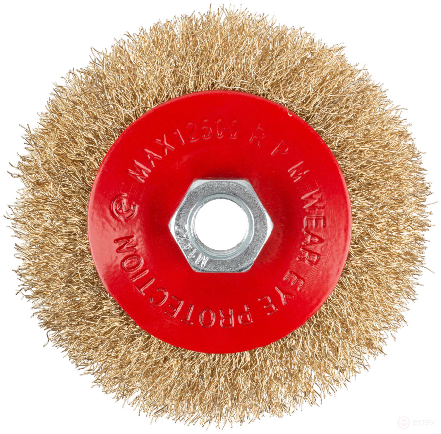 Корщетка-колесо с наклоном, гайка М14, стальная латунированная волнистая проволока 100 мм, блистер